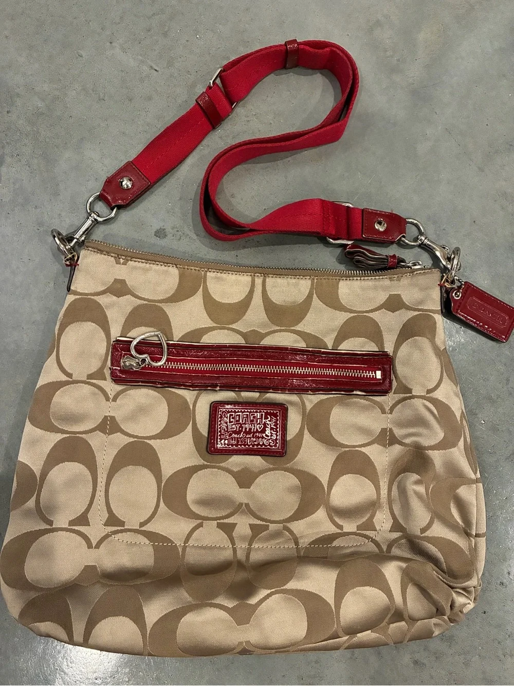 Coach Poppy Beige Signature Shoulder Bag with Red Trim and Strap